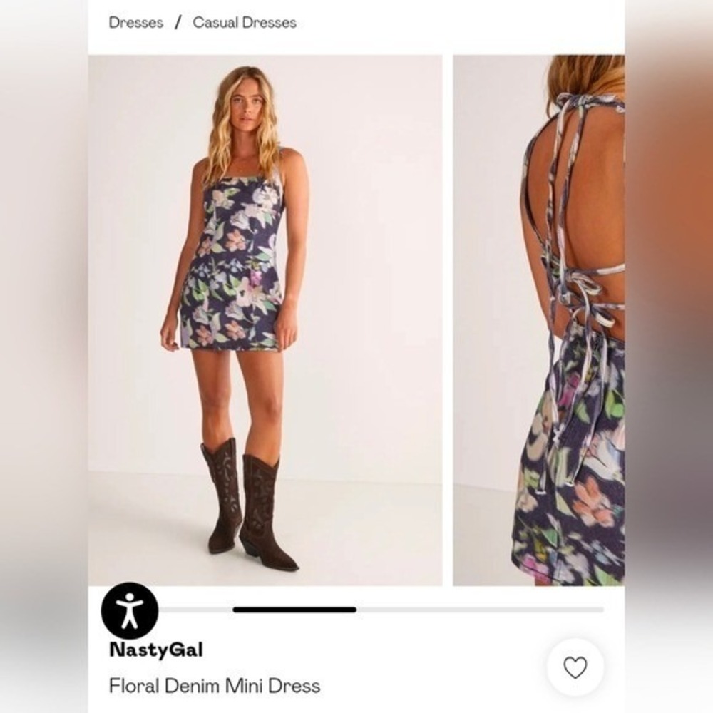 Nasty Gal Floral Denim Mini Dress Black Multi‎ Open Back Festival Party Size 12